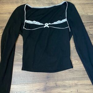 Black Long Sleeve Top with Lace Trim